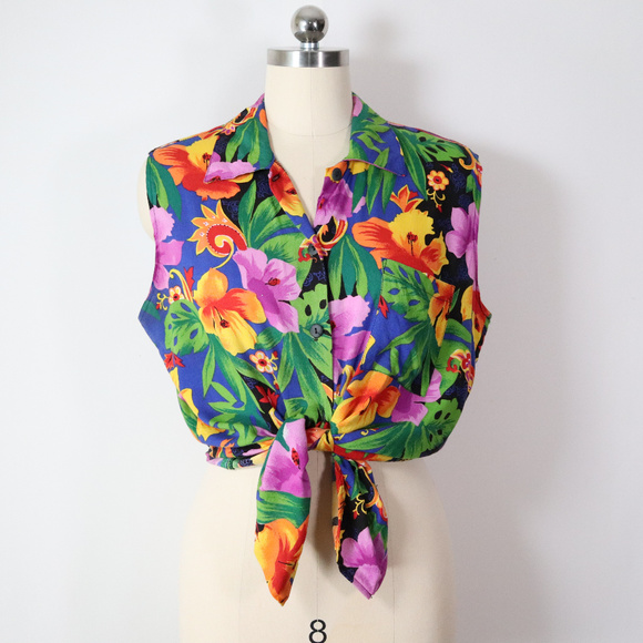 Vintage Tops - SOLD 90s vintage tropical floral print top blouse M vtg
